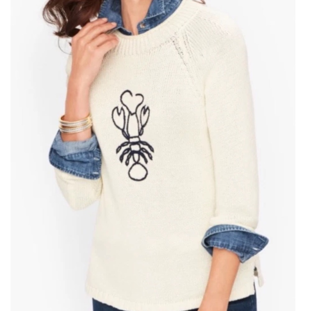 Talbots Lobster Embroidered Cream Cotton Knit Fisherman Sweater XS